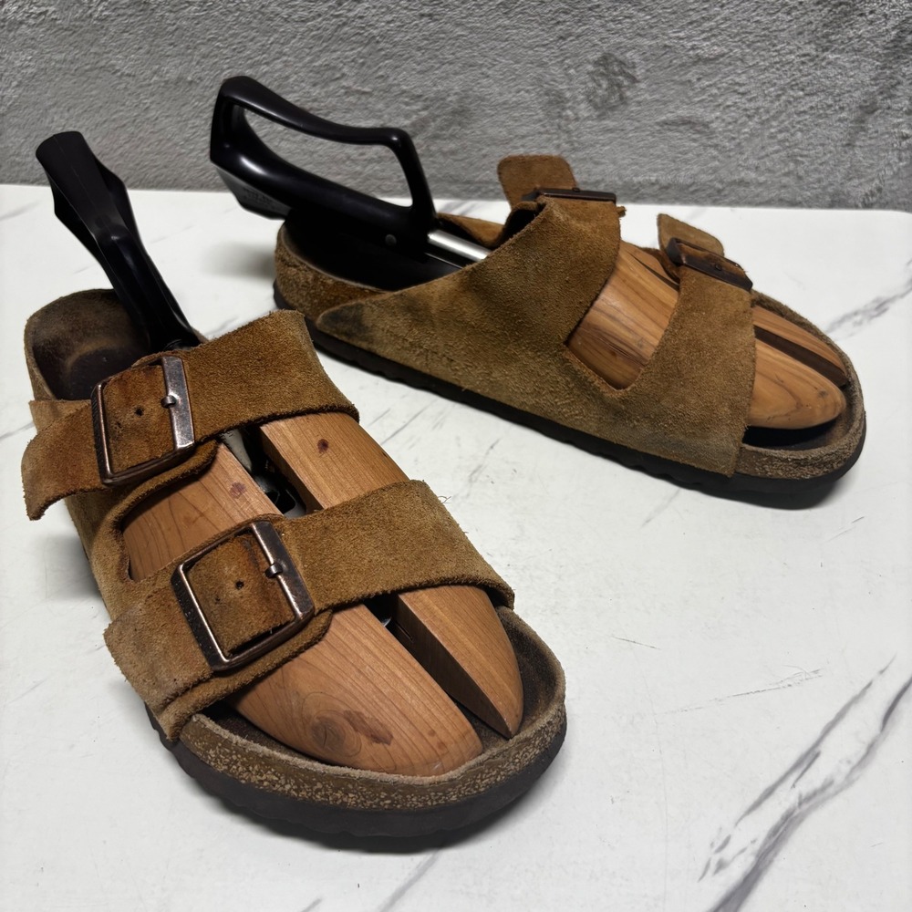 Birkenstock Arizona Sandals Mens 10 42 Brown Good Suede Two Strap Slide Germany - Picture 2 of 7